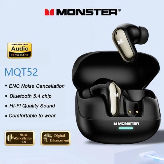Monster MQT52 TWS Wireless Gaming Headset Bluetooth 5.4 HiFi Stereo Earbuds, Wireless Gaming Headset with Noise Cancelling Mic, Touch Control, 24H Battery, Bluetooth Gaming Earphones