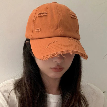 Casquette hip-hop polyvalente pour homme et femme, nouvelle collection printemps-été, à visière incurvée, style rétro, effet usé, avec trou et bord en bec de canard