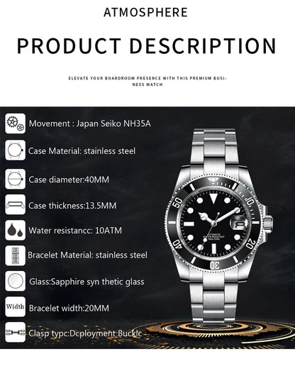 Customized Logo Reloj Men's Mechanical Automatic Wristwatch NH35 Movement 40mm Dial 100M Waterproof Sapphire Glass DIY Corgeut