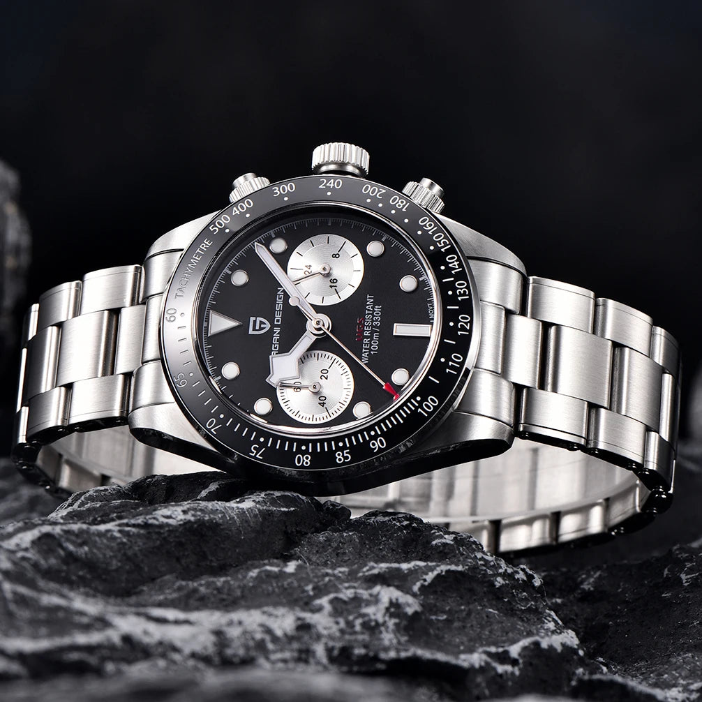 Pánske hodinky PAGANI DESIGN „Panda“ – luxusný quartzový chronograf, vodotesné, zafírové sklo s antireflexnou úpravou, športové hodinky s luminiscenčným ciferníkom