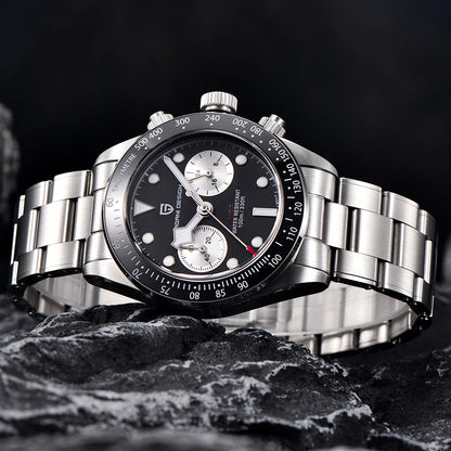Pánske hodinky PAGANI DESIGN „Panda“ – luxusný quartzový chronograf, vodotesné, zafírové sklo s antireflexnou úpravou, športové hodinky s luminiscenčným ciferníkom