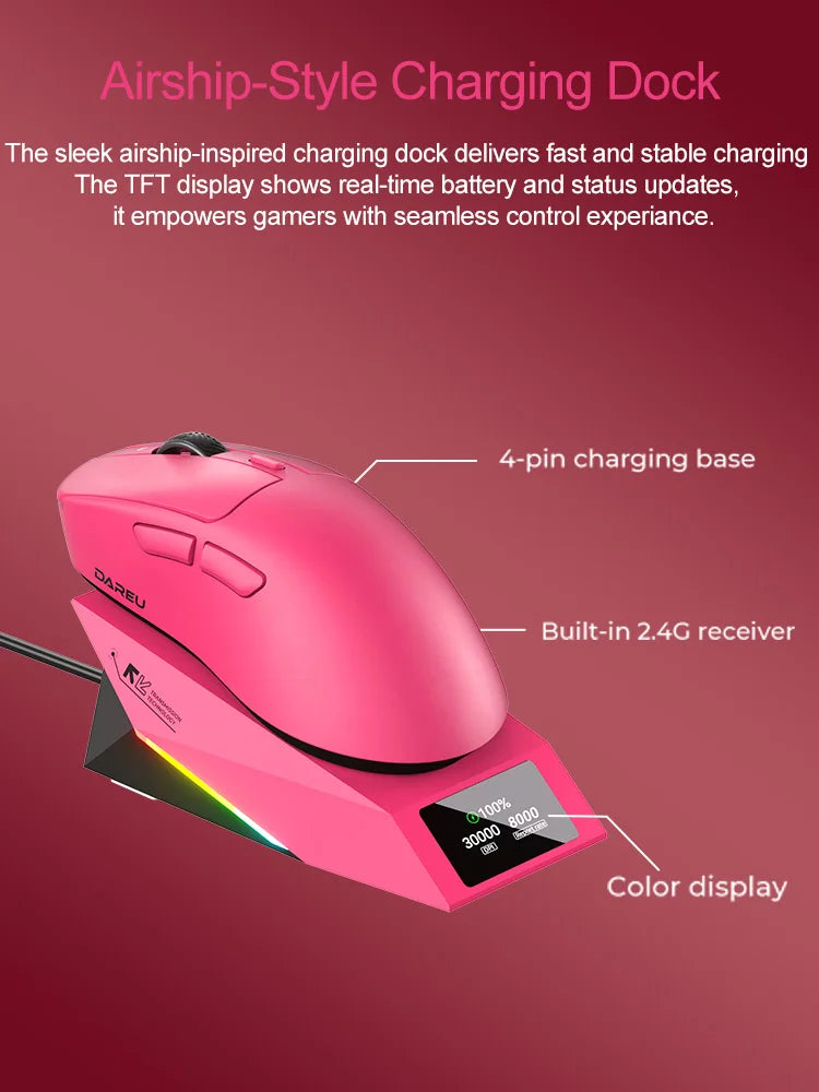 DAREU draadloze gamingmuis 8khz polling rate AIM-750 (3950) 30000 DPI tri-mode gamermuis 60g met oplaadstation