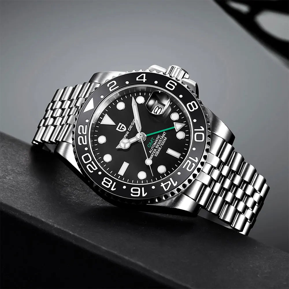 PAGANI DESIGN 40mm GMT Men's Mechanical Watches Rubber Strap Rotating Bezel 100 Waterproof Sports Wristwatch Mens Business Clock