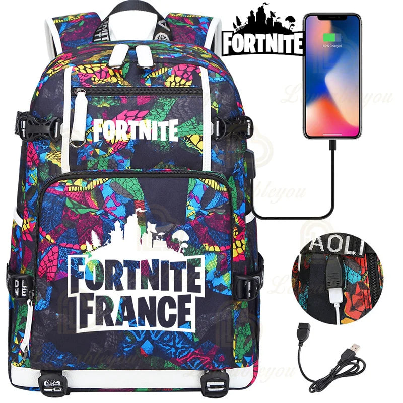 Yule Trooper F-Fortnited Battle Royale Rucksack mit USB-Ladeanschluss, Anime-Figuren, Lern- und Schreibwarenfach für Schüler