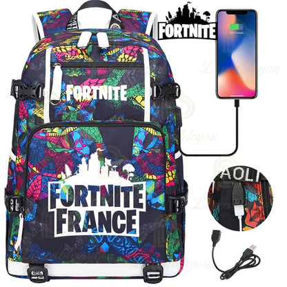 Yule Trooper F-Fortnited Battle Royale Rucksack mit USB-Ladeanschluss, Anime-Figuren, Lern- und Schreibwarenfach für Schüler