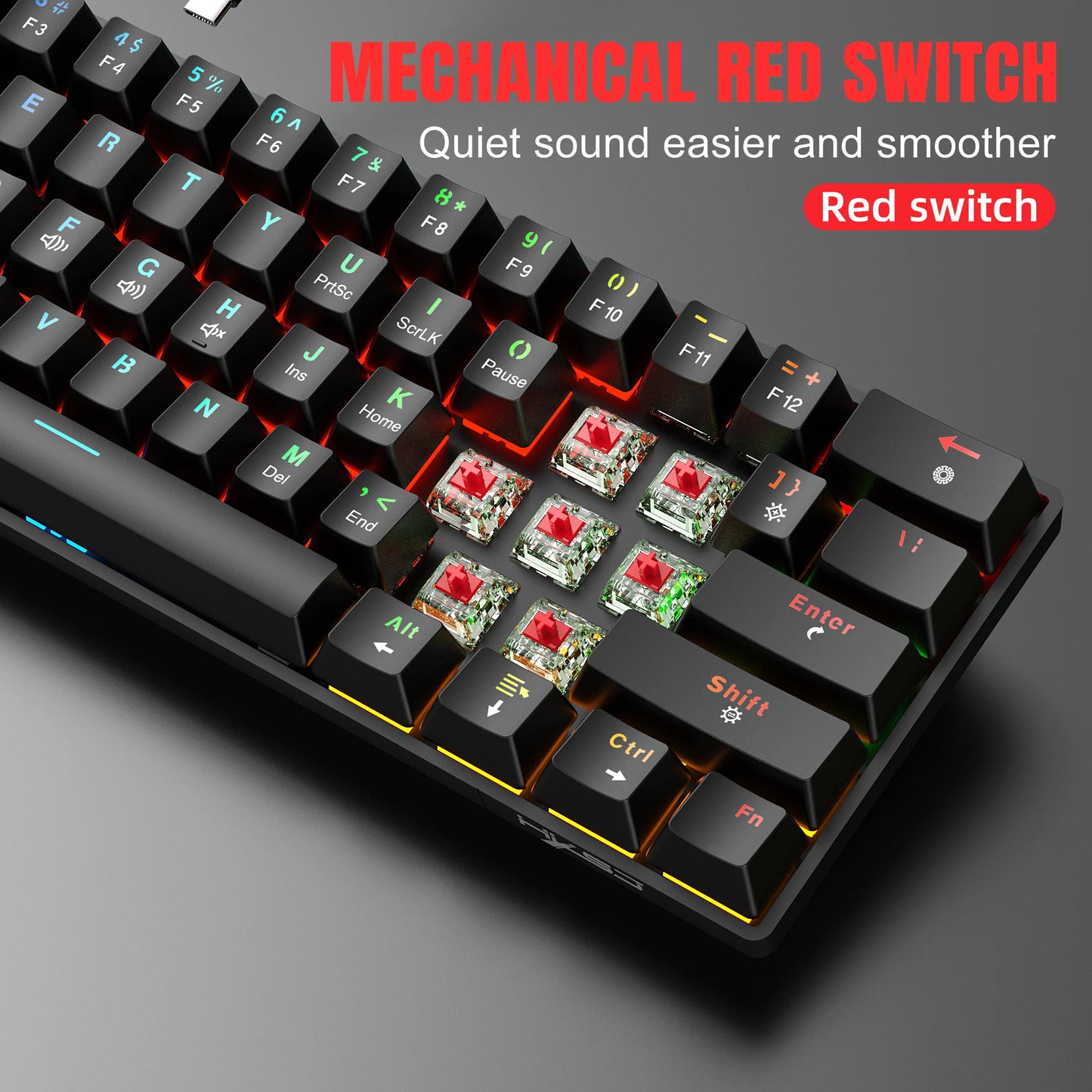 RK61 Wired 60% Mechanical Gaming Keyboard RGB Backlit 61 Keys Ultra-Compact Hot Swappable Red Switch provides a smooth
