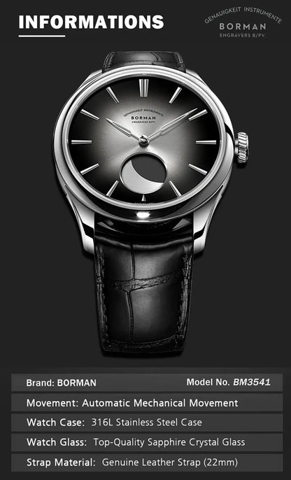 BORMAN 41.5mm 5ATM Waterproof Mechanical Watches Moon Phase Luxury Designer Men Dress Automatic Wristwatch