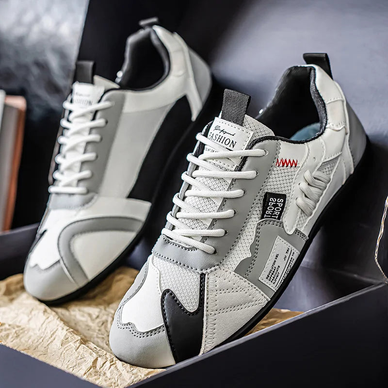 Chaussures de sport décontractées respirantes en maille color-block noir et gris pour hommes, chaussures d'été fines rétro Forrest Gump, chaussures légères à semelle souple, absorbant les chocs, antidérapantes, polyv