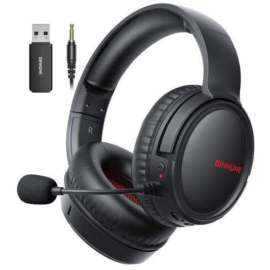 Casque de jeu sans fil BINNUNE avec micro, léger, circum-auriculaire, faible latence, Bluetooth, micro à réduction de bruit