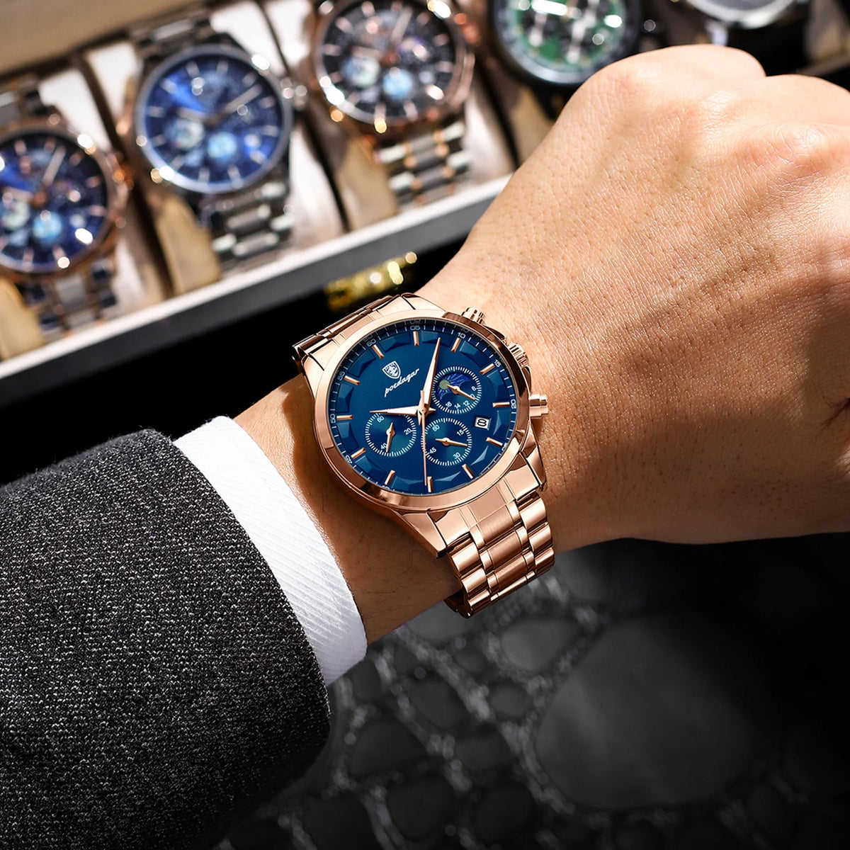 Luxus-Herrenarmbanduhr POEDAGAR, im Militärstil, wasserdicht, mit Leuchtzeiger, Chronograph, aus Edelstahl, Quarzwerk, inklusive Verpackung.