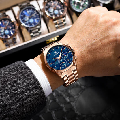 Luxus-Herrenarmbanduhr POEDAGAR, im Militärstil, wasserdicht, mit Leuchtzeiger, Chronograph, aus Edelstahl, Quarzwerk, inklusive Verpackung.