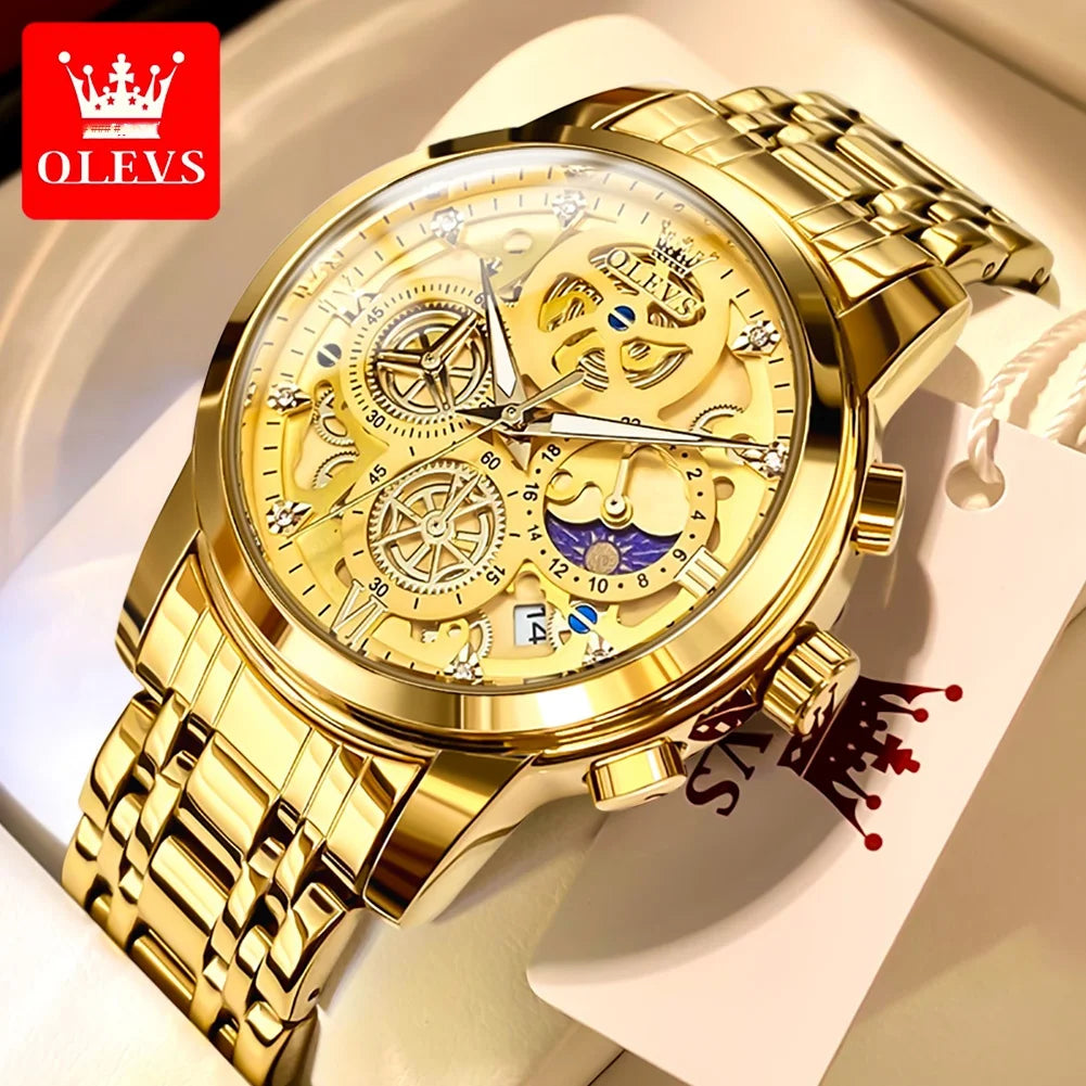OLEVS herenhorloge – Luxe model, waterdicht, quartz, skeletstijl, 24-uursweergave (dag/nacht), goudkleurig