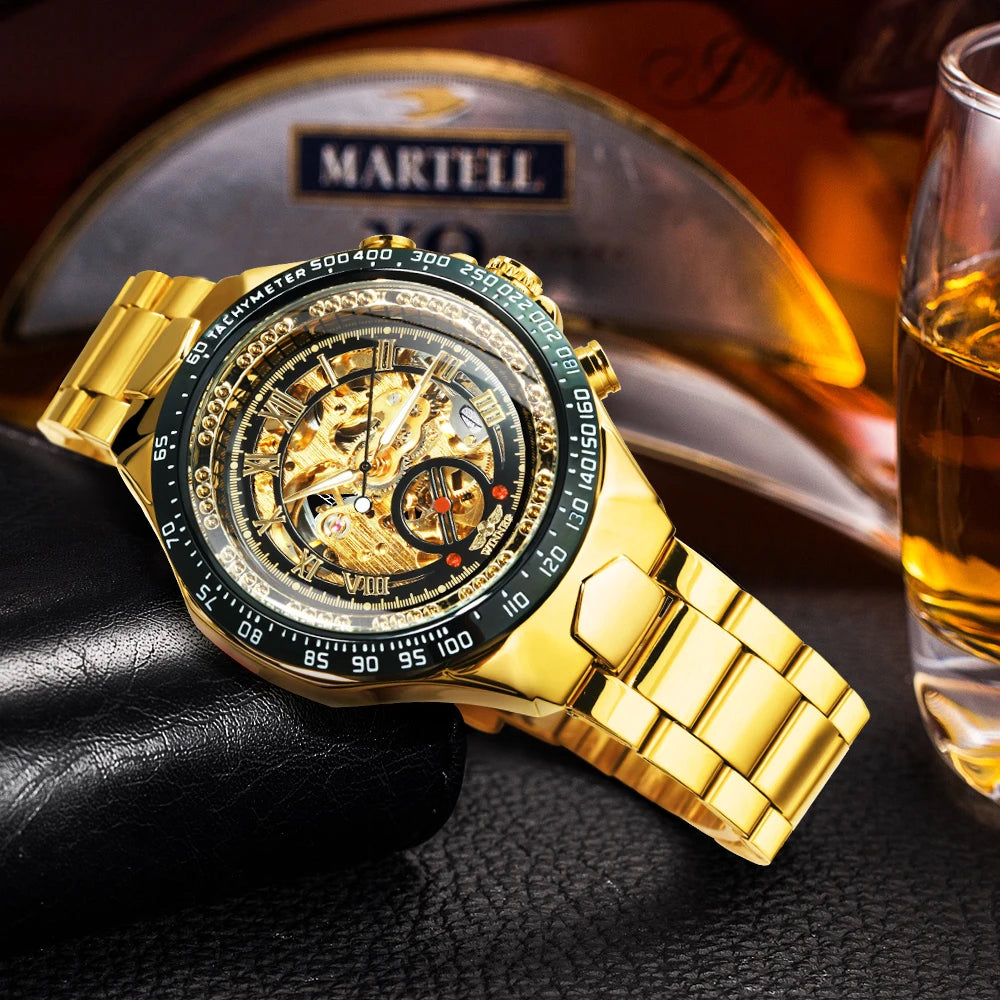 Relógio automático para homem WINNER – Modelo esqueleto transparente, ponteiros luminescentes, bracelete em aço inoxidável, relógio mecânico de marca de luxo