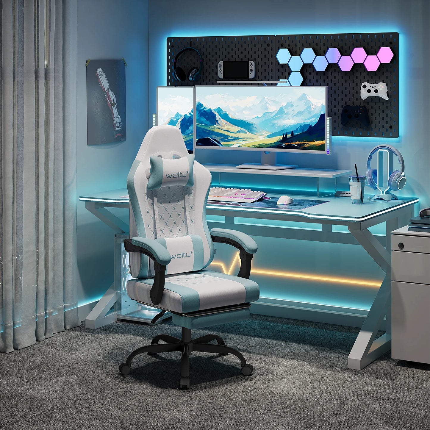 WOLTU snurrbar datorstol med massagefunktion, ergonomisk kontorsstol med kudde och fotstöd, höjdjusterbar gamingstol