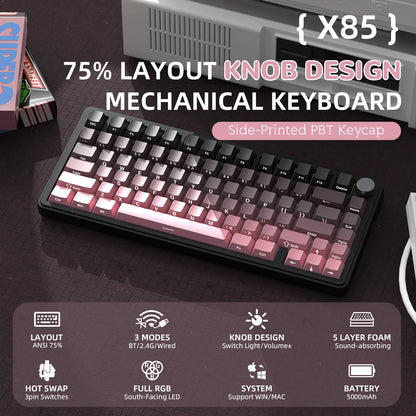 ATTACK SHARK X85 Tri-Mode Gasket Mechanical Keyboard 75% Wireless Hot Swappable RGB Gaming Keyboard with CNC Knob, 5-Layer Sound Dampening & NKRO
