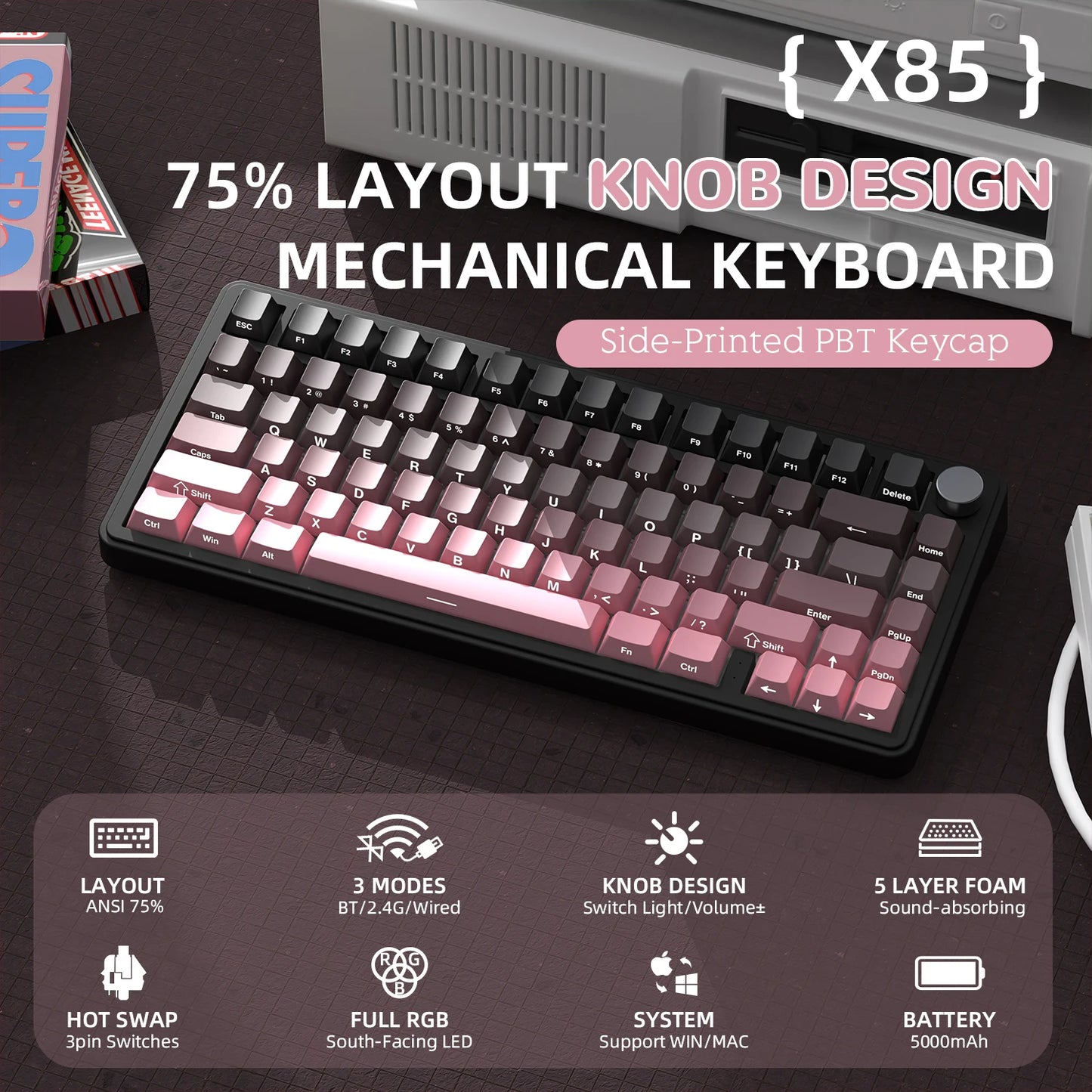 ATTACK SHARK X85 Tri-mode Gasket 75% Mechanical Keyboard with CNC Knob, 5-Layer Padding, Hot Swappable, RGB Backlight, NKRO