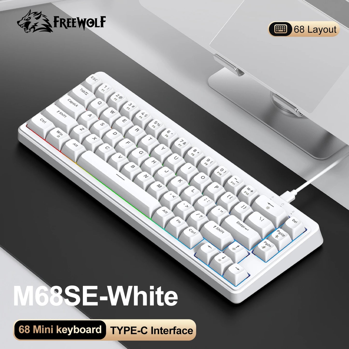 FREEWOLF M68SE Mechanical Feel Keyboard 68 Keys Mini Wired Compact Keyboard Silent for Laptops,Gaming and Office Use