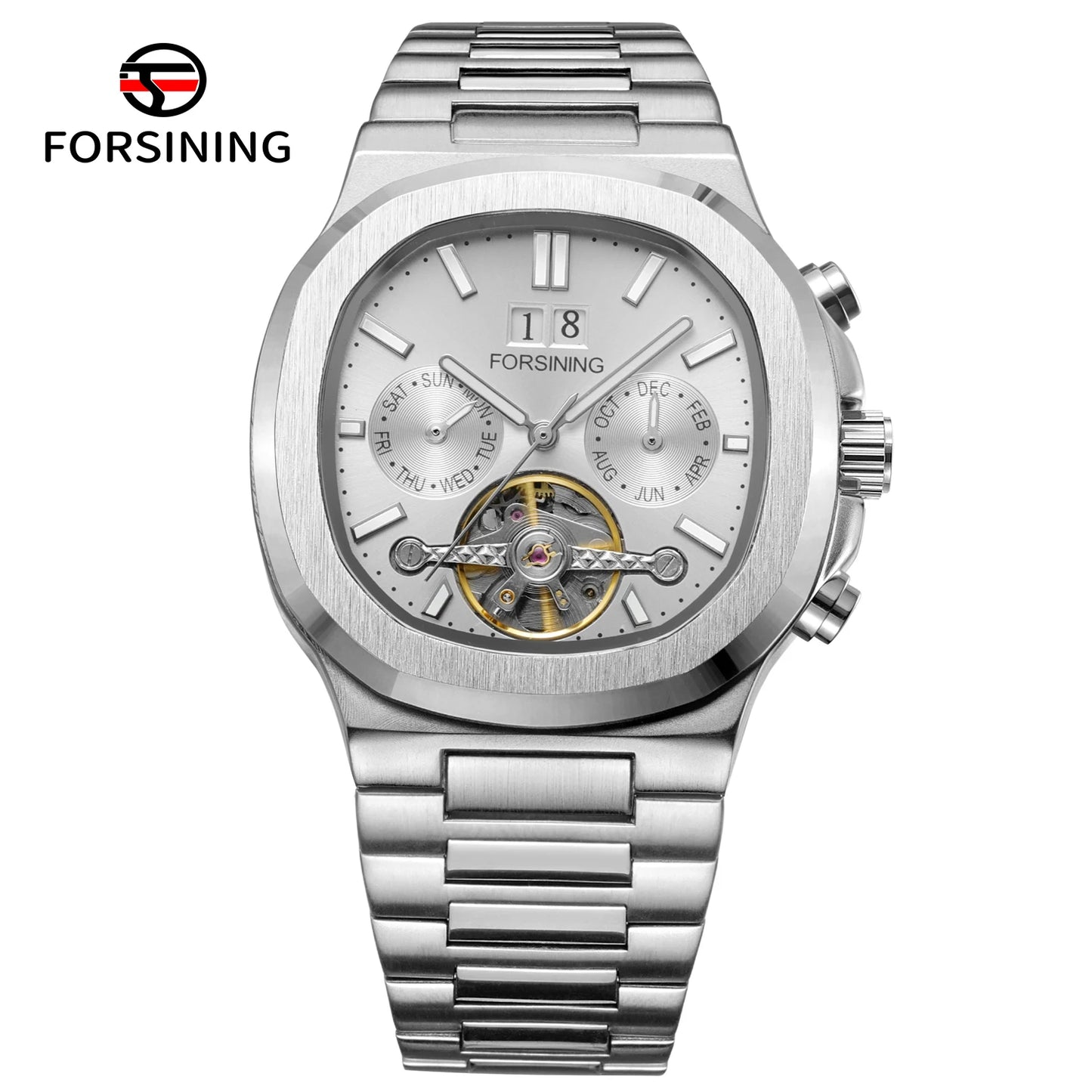 Forsining 481 Man New Tourbillon  Brands Watch Week Date Automatic Movement Mechanical Watches Stainless Steel Waterproof Clock