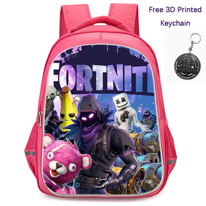 Mochila FORTNITE de 16 polegadas, resistente e leve, bolsos duplos com fecho, estilo cartoon para rapazes e raparigas dos 6 aos 10 anos, porta-chaves 3D impresso grátis