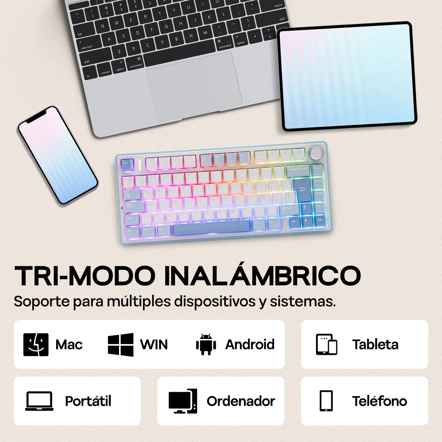 EPOMAKER AULA F75 ISO-ES 75% QWERTY español, teclado mecánico gaming inalámbrico con cable/Bluetooth/2.4GHz, hot-swap, montaje gasket y retroiluminación RGB