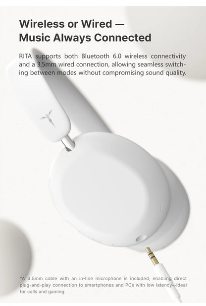 TANCHJIM RITA HiFi Bluetooth Headset Wireless & Wired ANC Headphones, Bluetooth 6.0 LDAC Over-Ear Headphones with 40mm Dynamic Driver, Gaming Headset with ENC & 3.5mm Audio Cable