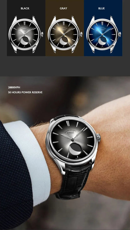 Borman Mens Automatic Watches Luxury Moon Phase Male Watch Mechanical Wristwatch Fashion 50M Waterproof Sapphire Leather Strap