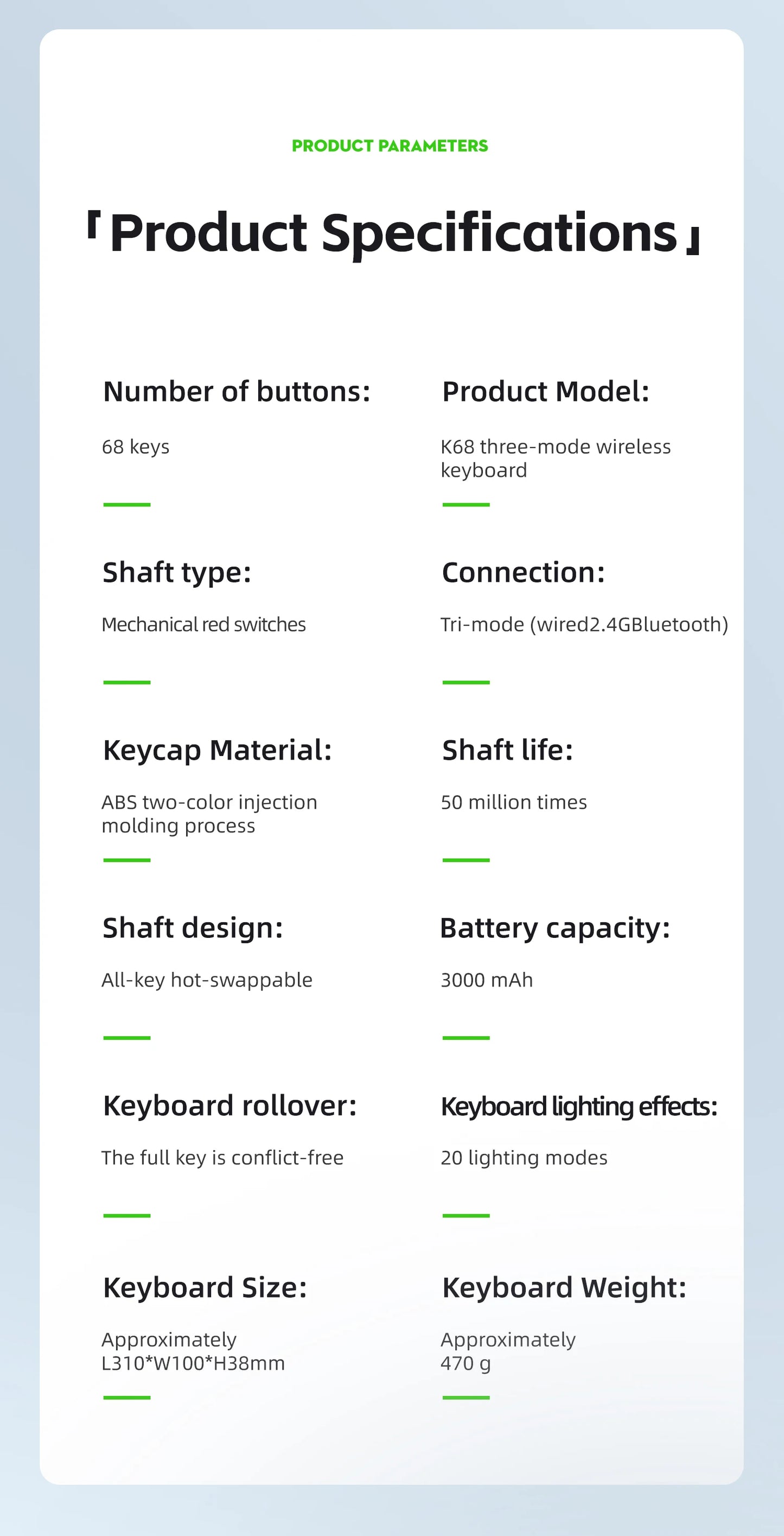 K68    68Key Wireless Mechanical Keyboard Tri-mode Connection,Full Key Hot Swap,RGB lighting Effects,Gasket Muffler Structure, L