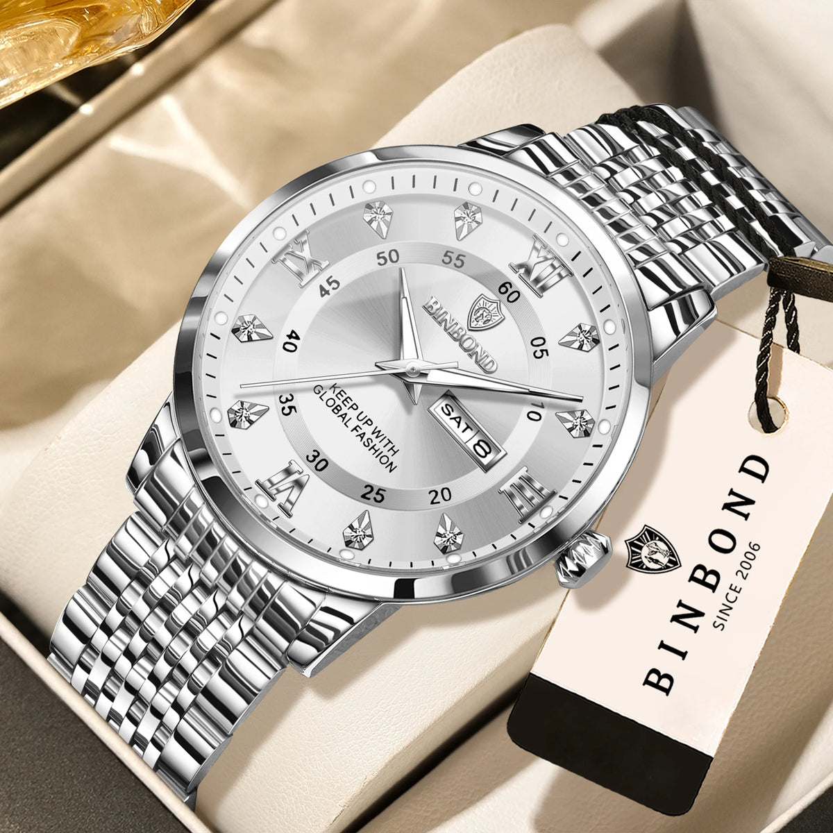Orologio da polso al quarzo di lusso BINBOND da uomo – Impermeabile, luminescente, con indicazione del giorno della settimana – Stile business, sportivo, alla moda e casual