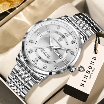 Orologio da polso al quarzo di lusso BINBOND da uomo – Impermeabile, luminescente, con indicazione del giorno della settimana – Stile business, sportivo, alla moda e casual