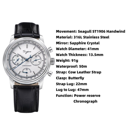 Sugess Men's Pilot 1963 Wristwatch ST1906 Chronograph Handwind Movement Domed Sapphire Waterproof Power Reserve Lume V2