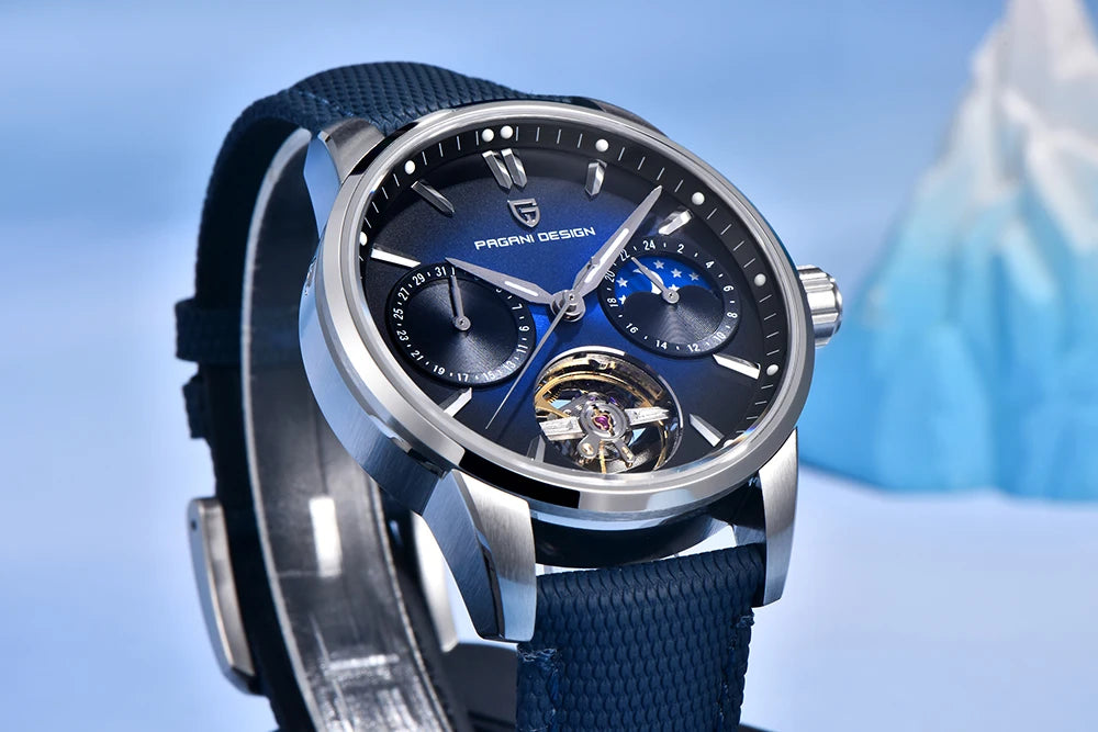 PAGANI DESIGN – Relógio mecânico de luxo para homem, 41 mm, vidro de safira, bracelete em pele, estanque, estilo piloto, com turbilhão e fase lunar