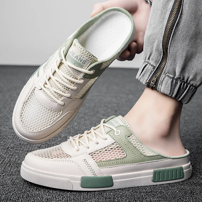 Sandales super taille 2025, nouvelles pantoufles d'été en maille perforée pour hommes, chaussures de sports et de loisirs de plein air respirantes, demi-pantoufles