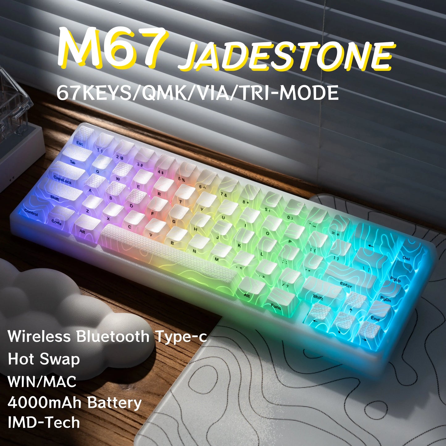 XVX M67 JadeStone Mechanical Keyboard 65% Tri-Mode Wireless Keyboard, Hot Swappable RGB Mechanical Keyboard with IMD Keycaps, Gasket Mount Gaming Keyboard