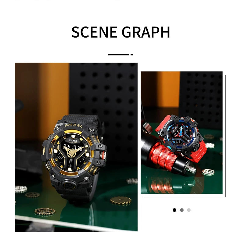 SMAEL 8075 Men's Analog Digital Dual Display Sport Watch - 50M Waterproof LED Backlight Dual Time Alarm Chronograph Stopwatch