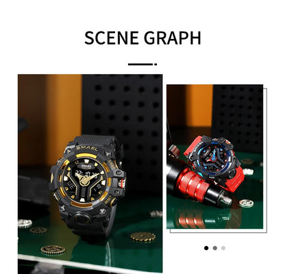 SMAEL 8075 Men's Analog Digital Dual Display Sport Watch - 50M Waterproof LED Backlight Dual Time Alarm Chronograph Stopwatch