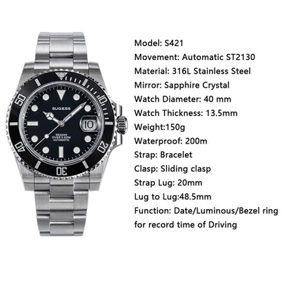 Sugess Men of Watch Automatic Mechanical ST2130 Movement Wristwatches 200M Water Resistant Sapphire Crystal Adjust Clasp S421