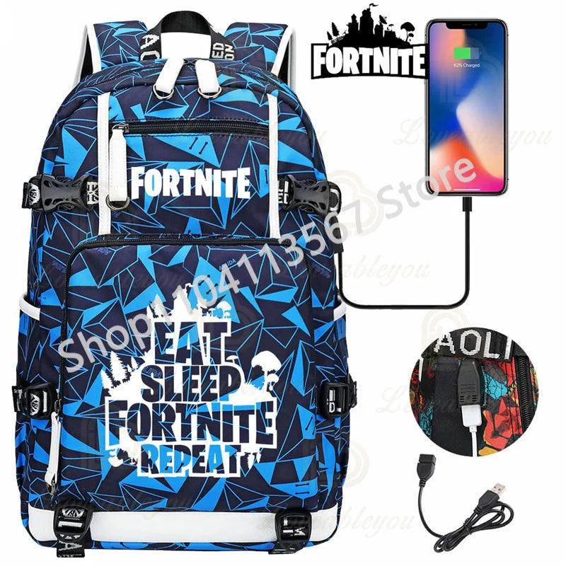 Yule Trooper F-Fortnited Battle Royale Rucksack mit USB-Ladeanschluss, Anime-Figuren, Lern- und Schreibwarenfach für Schüler