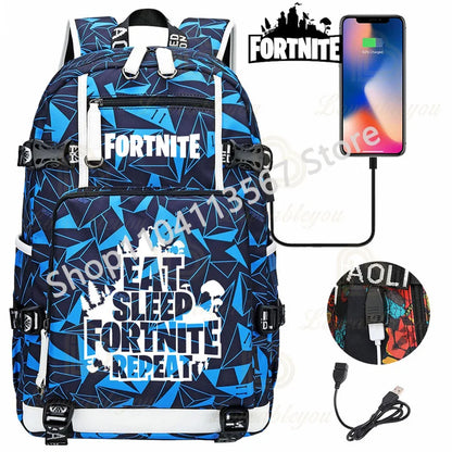 Yule Trooper F-Fortnited Battle Royale Rucksack mit USB-Ladeanschluss, Anime-Figuren, Lern- und Schreibwarenfach für Schüler