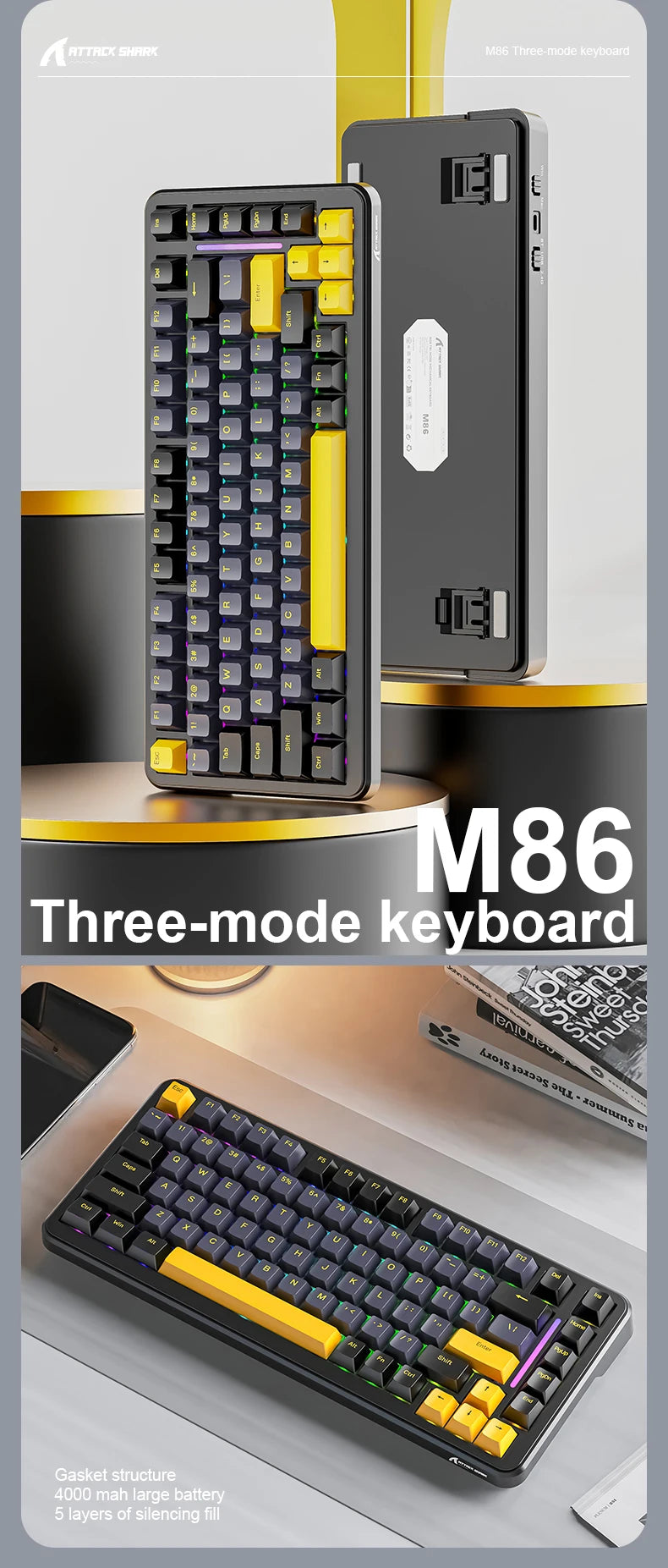 Attack Shark M86 Wireless Mechanical Keyboard 75% Compact RGB Backlit Hot-Swappable Side-Printed PBT Keycaps Tri-Mode 4000mAh