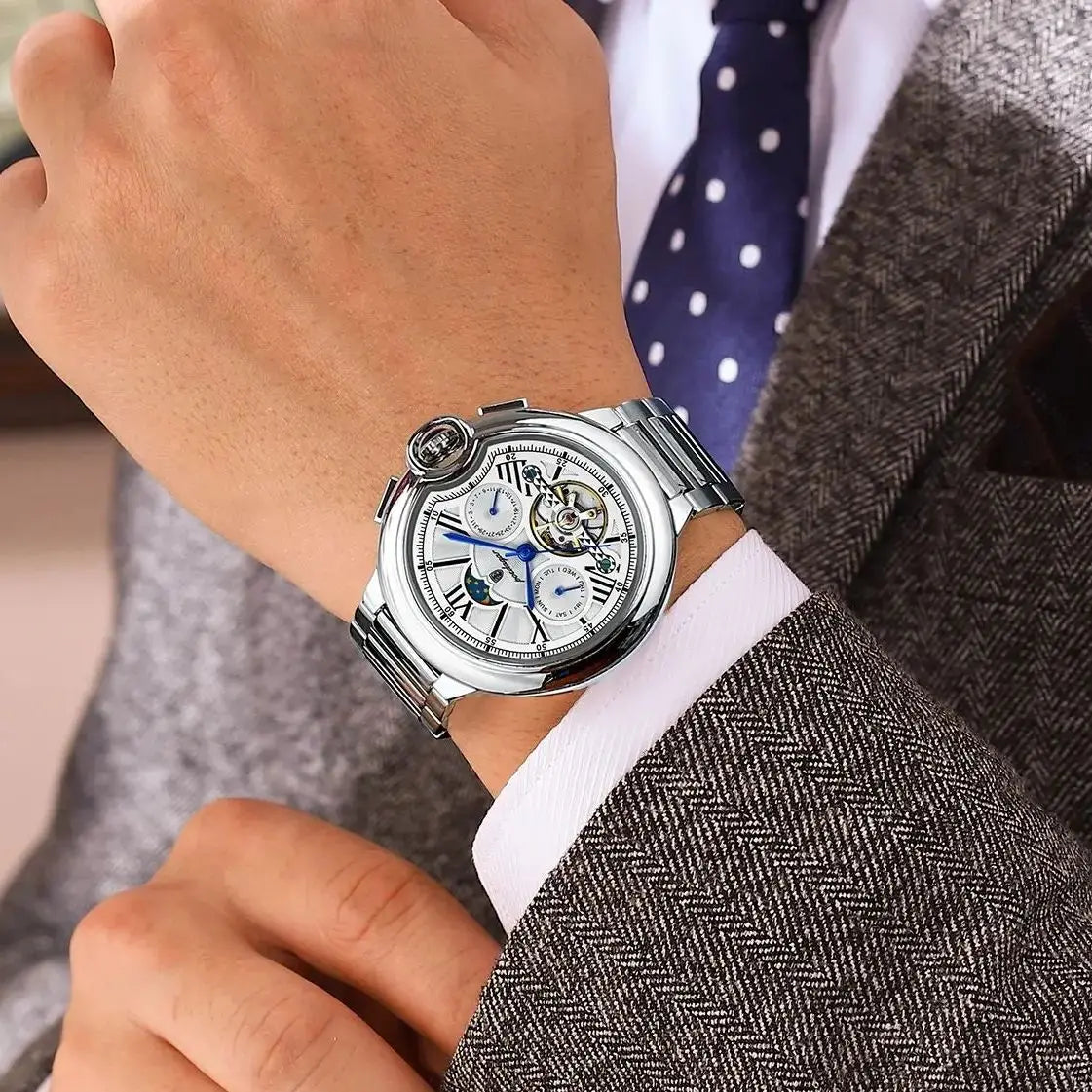 POEDAGAR Herrenuhr im luxuriösen und professionellen Stil, mit Datums- und Wochentagsanzeige, Tourbillon, Edelstahlgehäuse, mechanischem Automatikwerk und Wasserdichtigkeit.