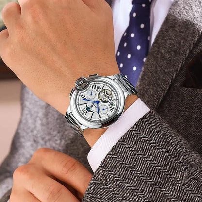 POEDAGAR Herrenuhr im luxuriösen und professionellen Stil, mit Datums- und Wochentagsanzeige, Tourbillon, Edelstahlgehäuse, mechanischem Automatikwerk und Wasserdichtigkeit.