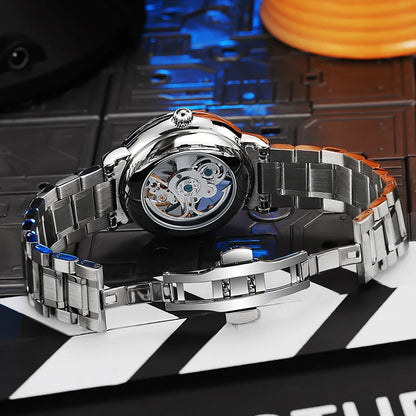 Pánské skeletové hodinky v módním stylu, zdobené drahokamy v barvách duhy, vybavené tourbillonem; luxusní mechanické hodinky s automatickým nátahem, vodotěsné do hloubky 30 metrů.