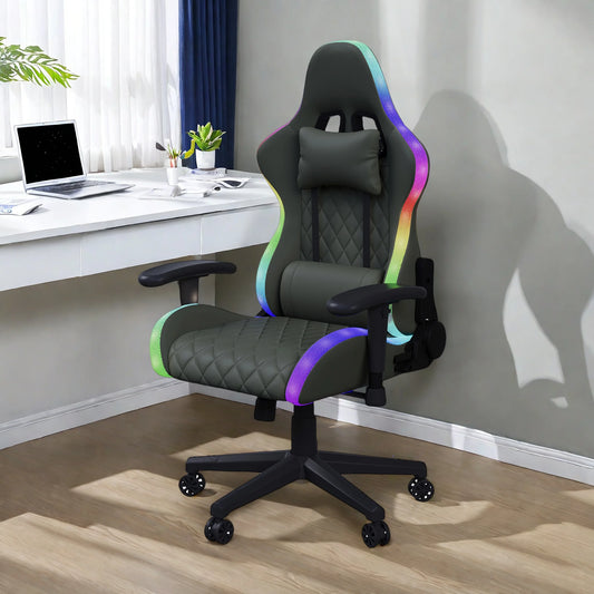 Rosahqnda Gaming Chair with LED Lights, Massage Function, Ergonomic Gamer Chair with Lumbar Support, Adjustable Reclining Office Chair 150KG