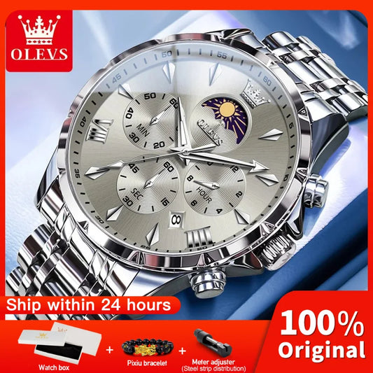OLEVS 3653 Mens Watch Quartz Watch Multifunctional Chronograph Watch For Men 30M Waterproof Luminous Moon Phase Box Original