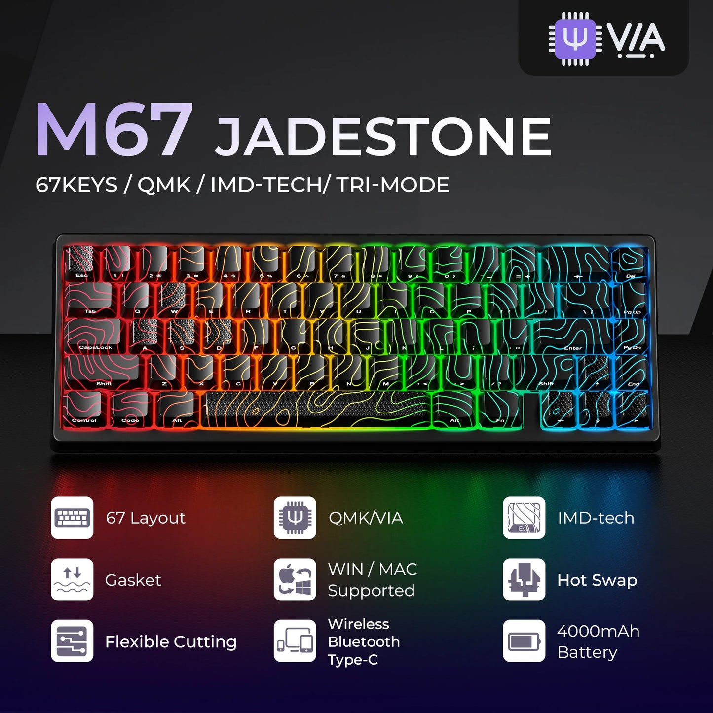 XVX Wireless Mechanical Keyboard M67 JadeStone With IMD-Tech Keycaps Tri-Mode Topographic White Gamer Keyboard Gasket Design