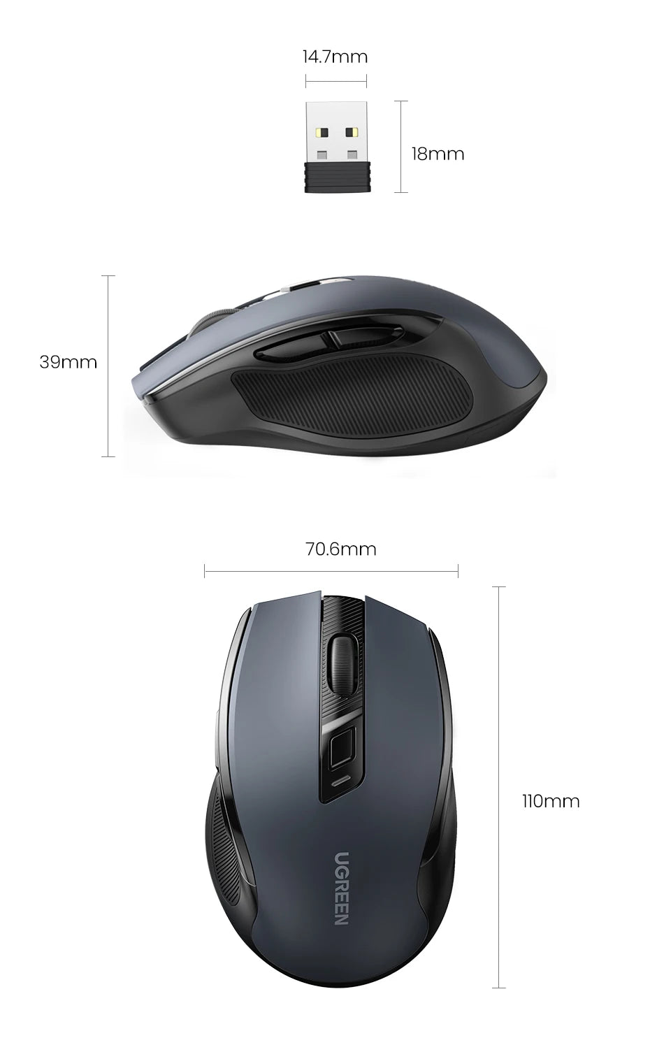 UGREEN Wireless Ergonomic Mouse 4000 DPI Silent 2.4GHz 6-Button Mouse for Laptop, MacBook, PC & Tablet