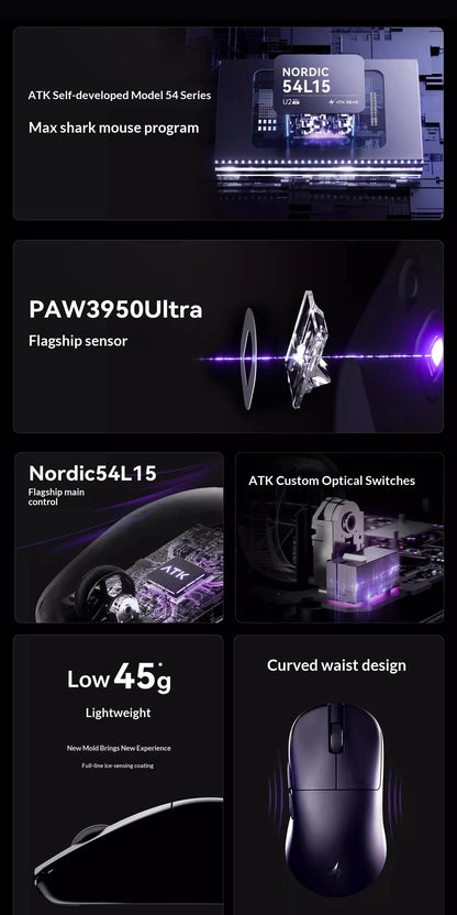 NEW ATK U2 V2 Mini Ultimate Wireless Gaming Mouse Tri-model Lightweight PAW3950Ultra 8KHz 500mAh Custom Ergonomic E-sports Mouse