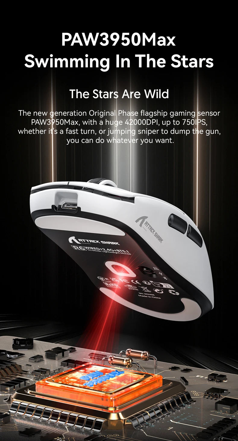 ATTACK SHARK R6 PAW3950MAX Ασύρματο Gaming Ποντίκι, 8Khz Polling, Υπερελαφρύ 39g, Nordic 52840 MCU, Οπτικοί Μικροδιακόπτες Omron
