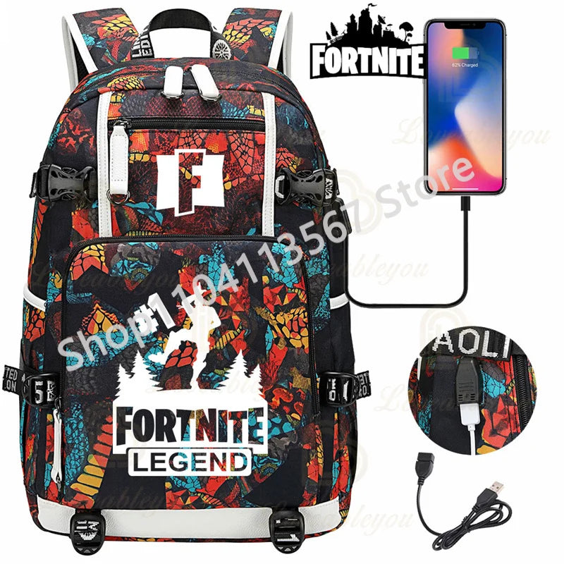 Yule Trooper F-Fortnited Battle Royale Rucksack mit USB-Ladeanschluss, Anime-Figuren, Lern- und Schreibwarenfach für Schüler