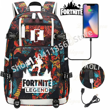 Yule Trooper F-Fortnited Battle Royale Rucksack mit USB-Ladeanschluss, Anime-Figuren, Lern- und Schreibwarenfach für Schüler